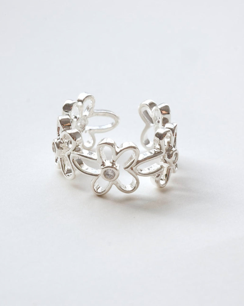 Dainty Flower Adjustable Ring - Crystal Accent & Open Band - SWEEKU