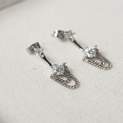 Silver Tassel Chain CZ Ear Jacket Stud Earrings