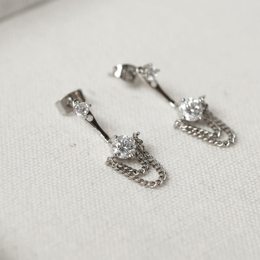 Silver Tassel Chain CZ Ear Jacket Stud Earrings
