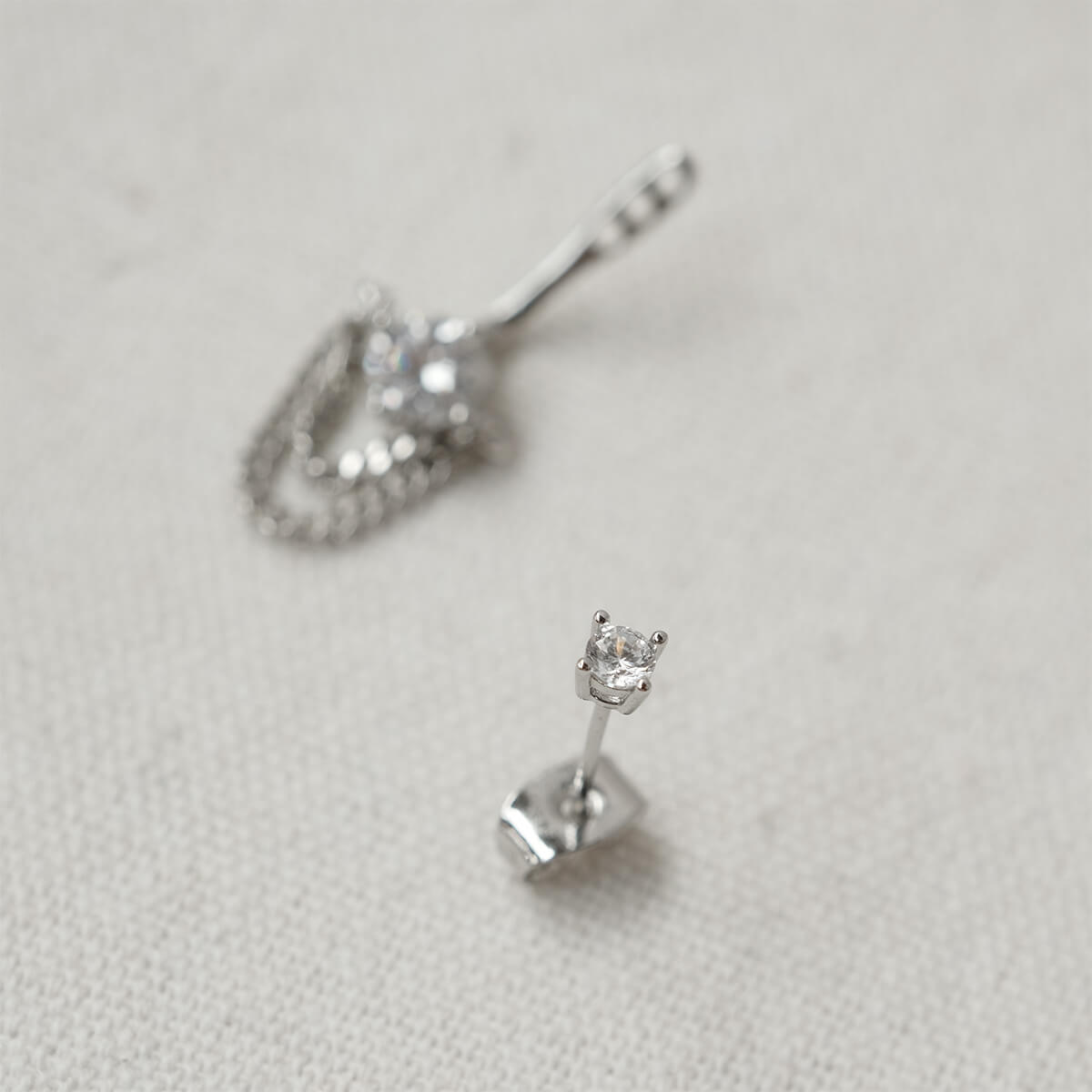 Silver Tassel Chain CZ Ear Jacket Stud Earrings