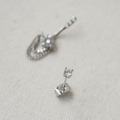 Silver Tassel Chain CZ Ear Jacket Stud Earrings
