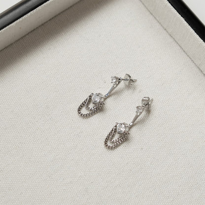 Silver Tassel Chain CZ Ear Jacket Stud Earrings
