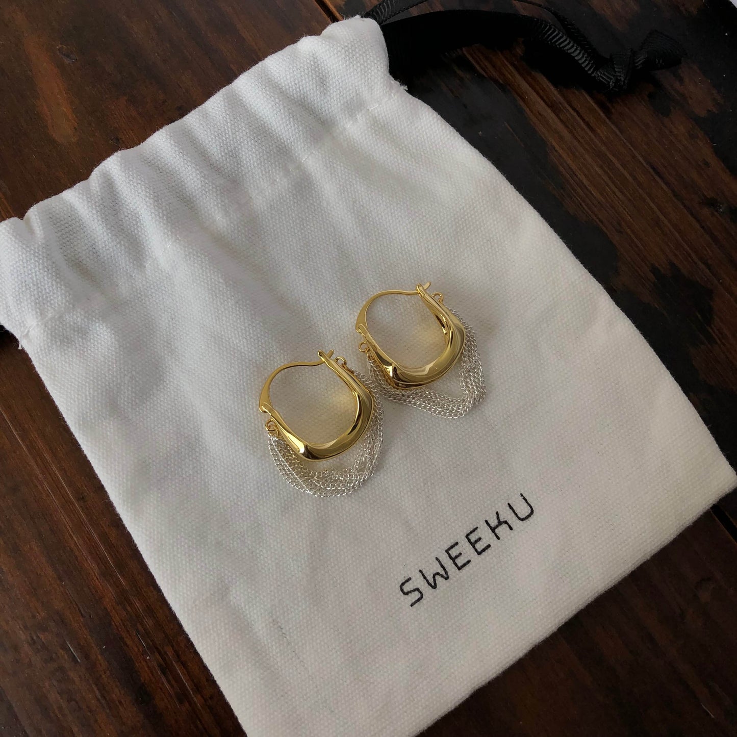 Mixed Metal Fluid Hoop Earrings with Draped Silver Chains