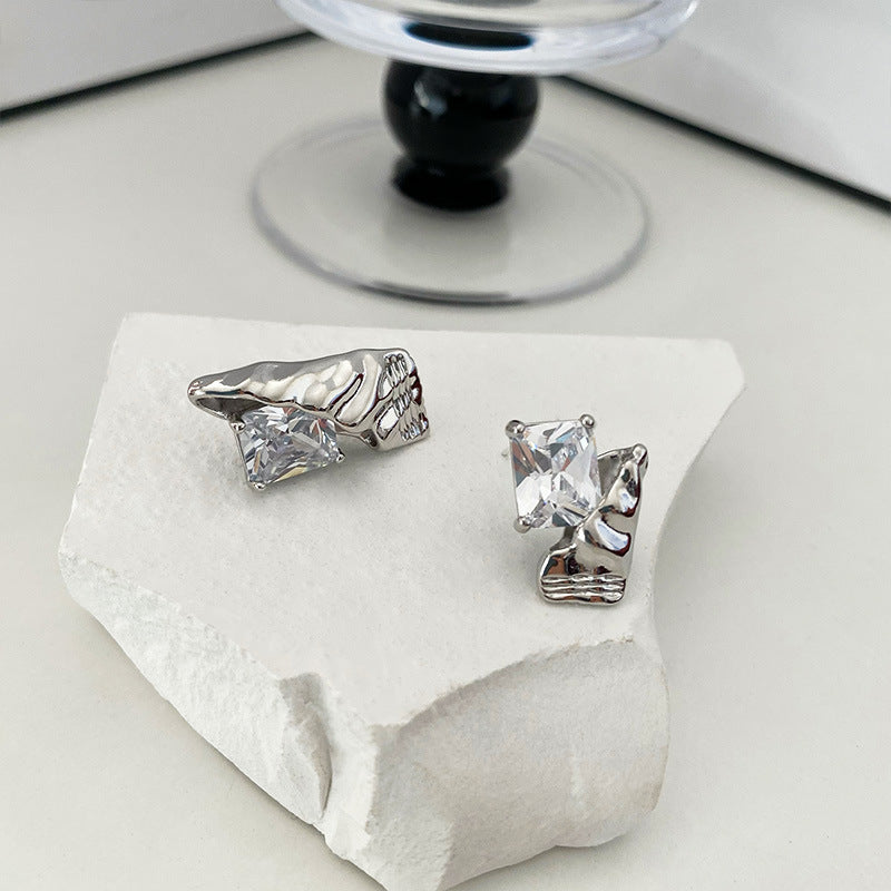 Asymmetrical Liquid Ribbon & Radiant CZ Solitaire Stud Earrings