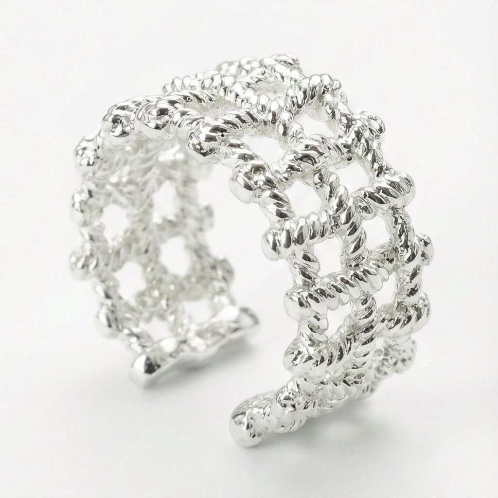 Woven Rope Cuff Adjustable Ring - Silver Statement