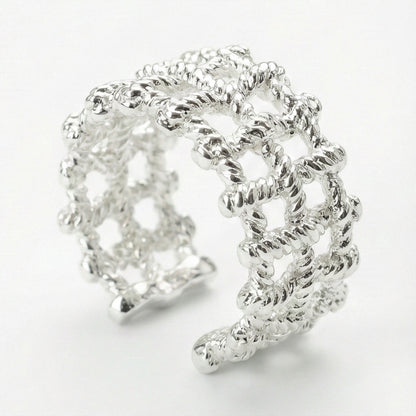 Woven Rope Cuff Adjustable Ring - Silver Statement