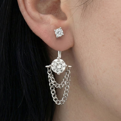 Silver Tassel Chain CZ Ear Jacket Stud Earrings