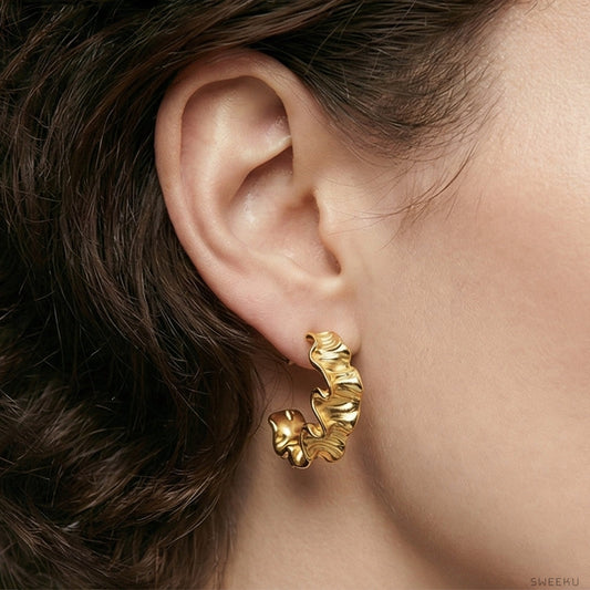 Organic Ruffle Gold Hoops - Sculptural Statement