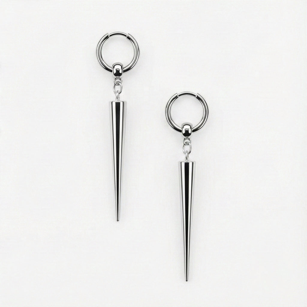 Industrial Spike Dangle Silver Hoops