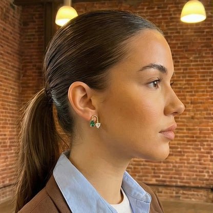 Heart Lock & Emerald Stud Earrings - Gemstone Love