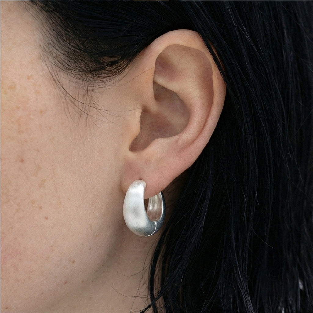 Matte Dome Huggie Silver Hoops - Brushed Finish