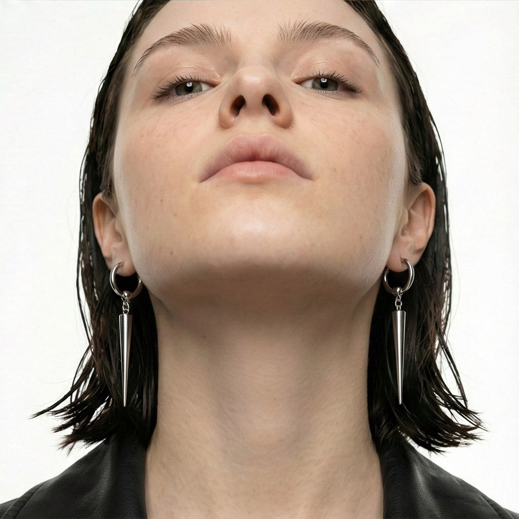 Industrial Spike Dangle Silver Hoops