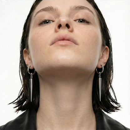 Industrial Spike Dangle Silver Hoops