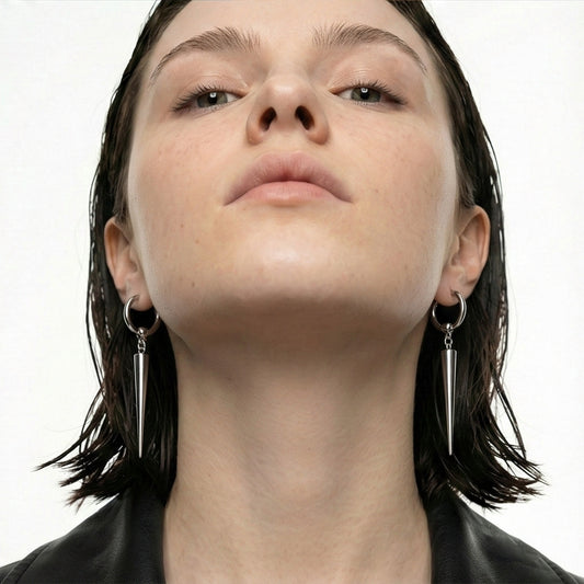 Industrial Spike Dangle Silver Hoops
