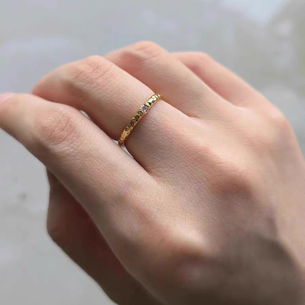 Hammered Thin Band CZ Stacking Ring