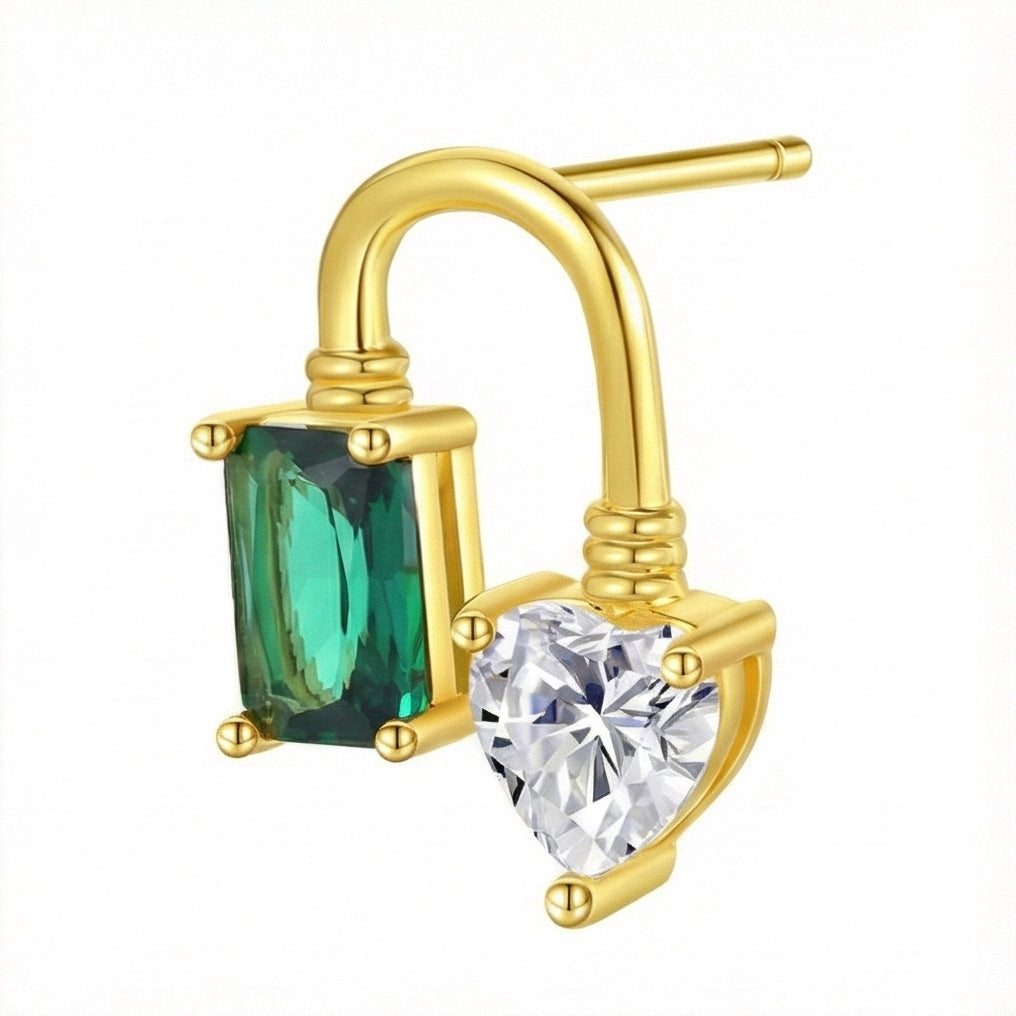 Heart Lock & Emerald Stud Earrings - Gemstone Love