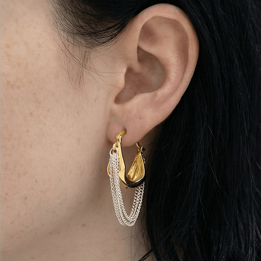 Mixed Metal Fluid Hoop Earrings with Draped Silver Chains