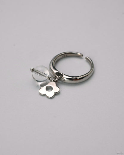 Dew Bloom Ring worn on hand, silver-plated adjustable ring with dangling charm and bead