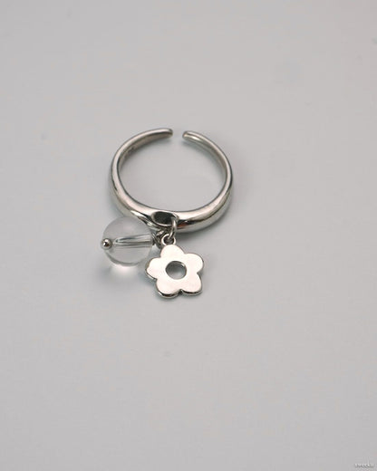 Dew Bloom Ring worn on hand, silver-plated adjustable ring with dangling charm and bead