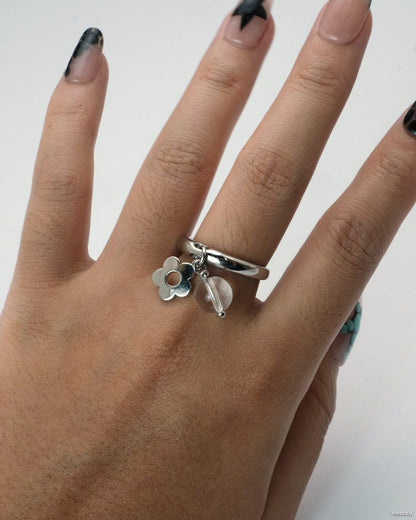 Dew Bloom Ring worn on hand, silver-plated adjustable ring with dangling charm and bead