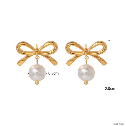 Charming Bow & Pearl Drop Gold Studs