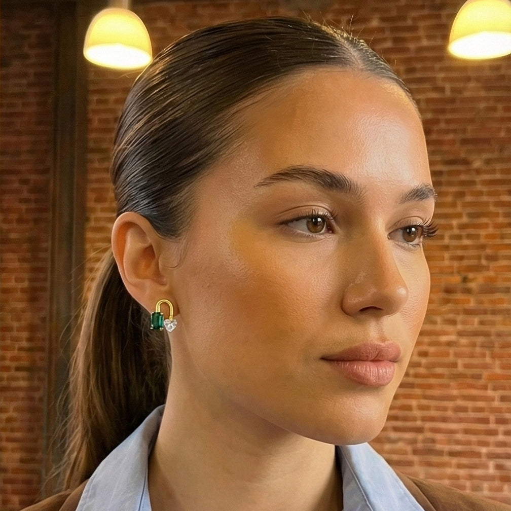 Heart Lock & Emerald Stud Earrings - Gemstone Love