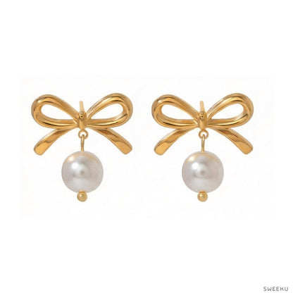 Charming Bow & Pearl Drop Gold Studs