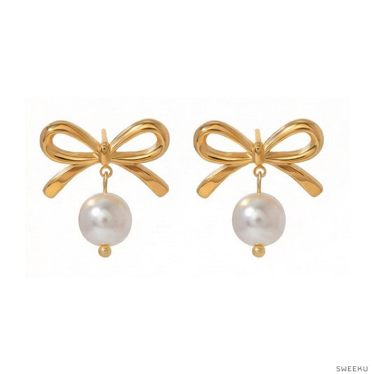 Charming Bow & Pearl Drop Gold Studs