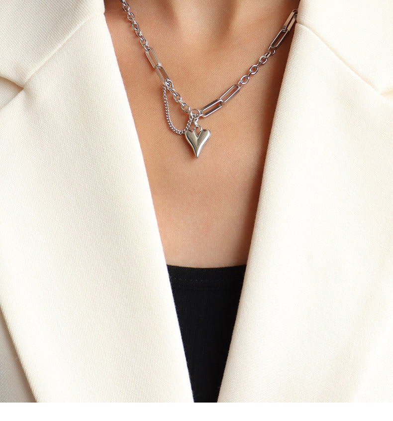 Puffy Heart Mixed Chain Necklace & Bracelet Set