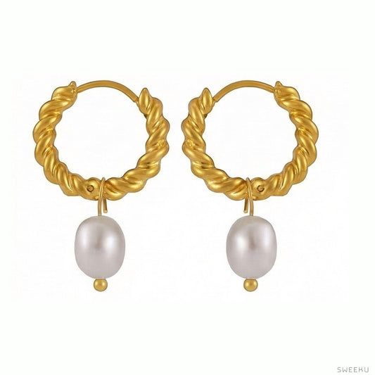Twisted Rope Gold Pearl Drop Hoops