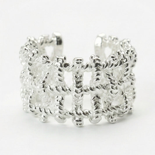 Woven Rope Cuff Adjustable Ring - Silver Statement