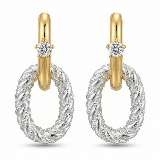Rope Twist Mixed Metal Hoop Earrings with Solitaire CZ
