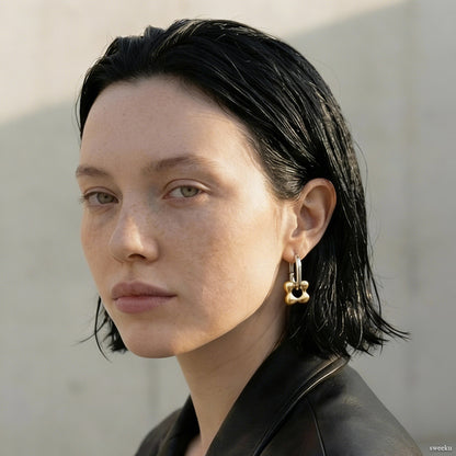 Mixed Metal Flower Dangle Huggie Hoops