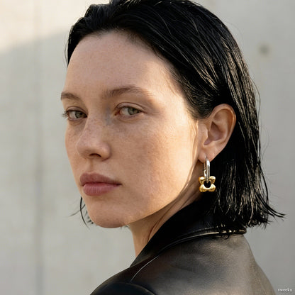 Mixed Metal Flower Dangle Huggie Hoops