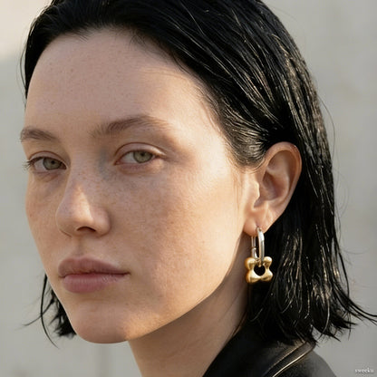 Mixed Metal Flower Dangle Huggie Hoops