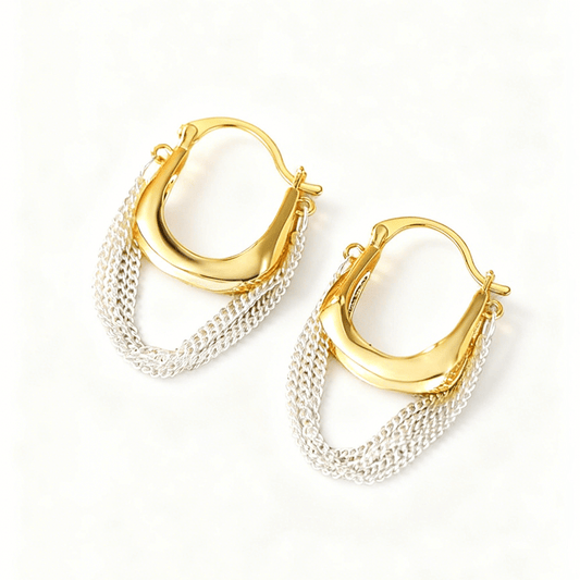 Mixed metal fluid hoop earrings with draped silver chains