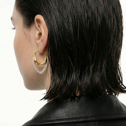 Mixed Metal Fluid Hoop Earrings with Draped Silver Chains