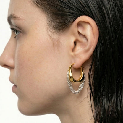 Mixed Metal Fluid Hoop Earrings with Draped Silver Chains