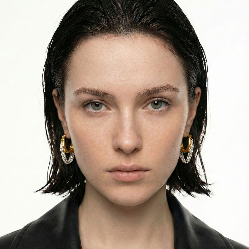 Mixed Metal Fluid Hoop Earrings with Draped Silver Chains
