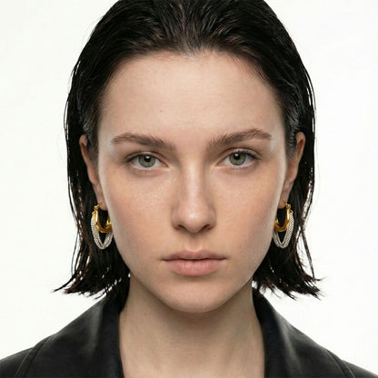 Mixed Metal Fluid Hoop Earrings with Draped Silver Chains