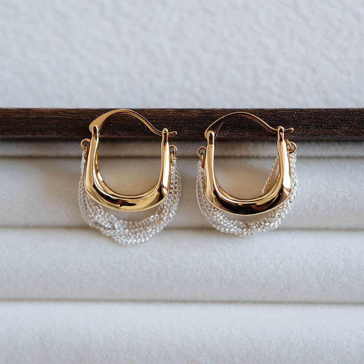 Mixed Metal Fluid Hoop Earrings with Draped Silver Chains