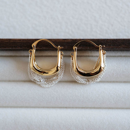 Mixed Metal Fluid Hoop Earrings with Draped Silver Chains