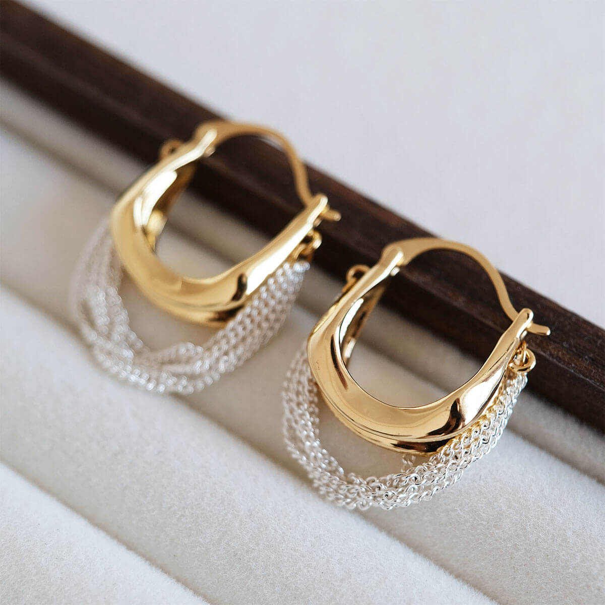 Mixed Metal Fluid Hoop Earrings with Draped Silver Chains