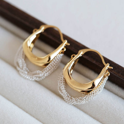 Mixed Metal Fluid Hoop Earrings with Draped Silver Chains