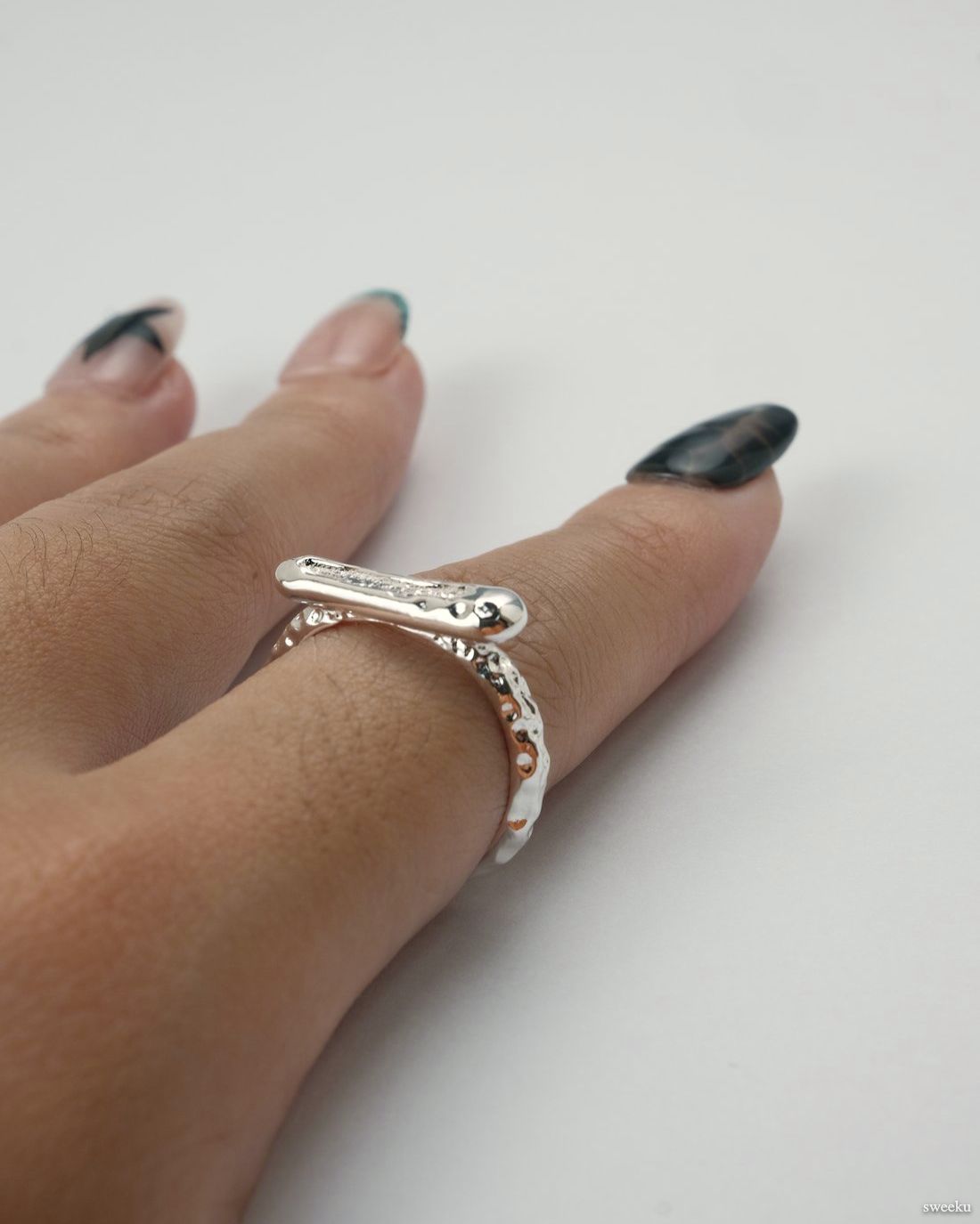 Molten Line Ring worn on hand, modern sculptural silver-plated ring