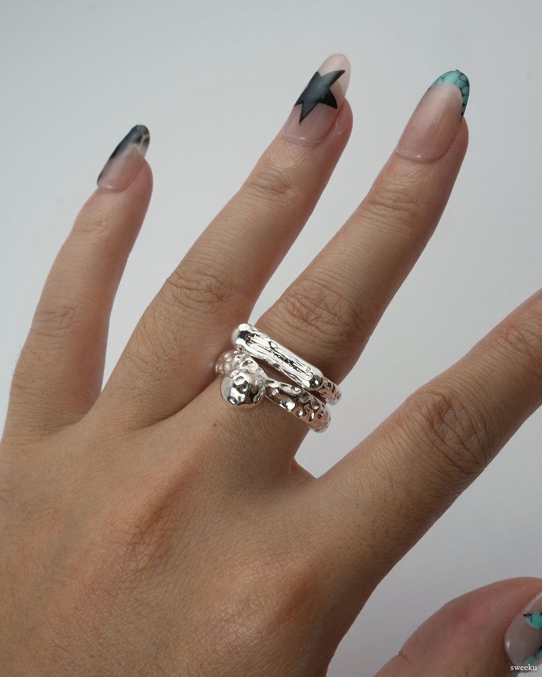 Molten Line Ring worn on hand, modern sculptural silver-plated ring