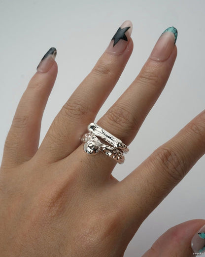 Molten Line Ring worn on hand, modern sculptural silver-plated ring