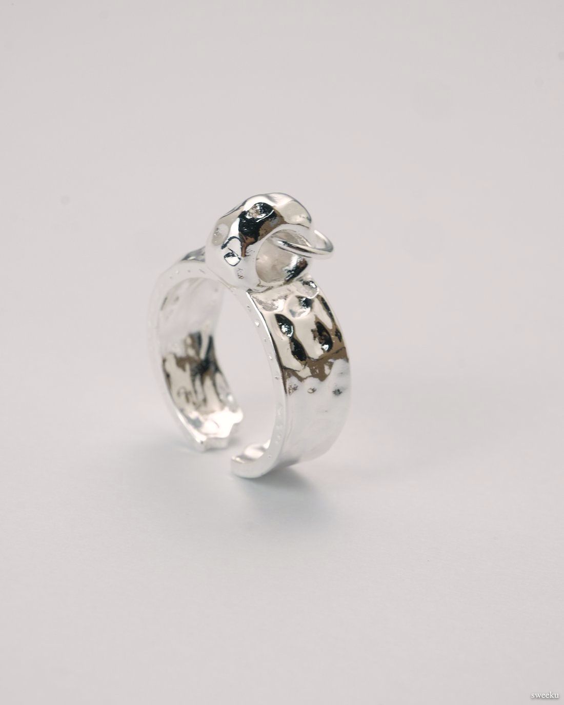 Silver plated molten loop ring worn on hand, adjustable open design