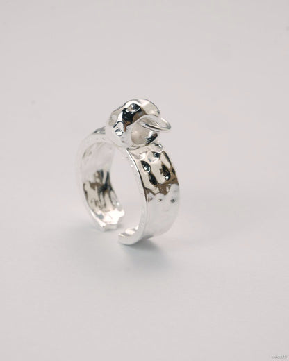 Silver plated molten loop ring worn on hand, adjustable open design