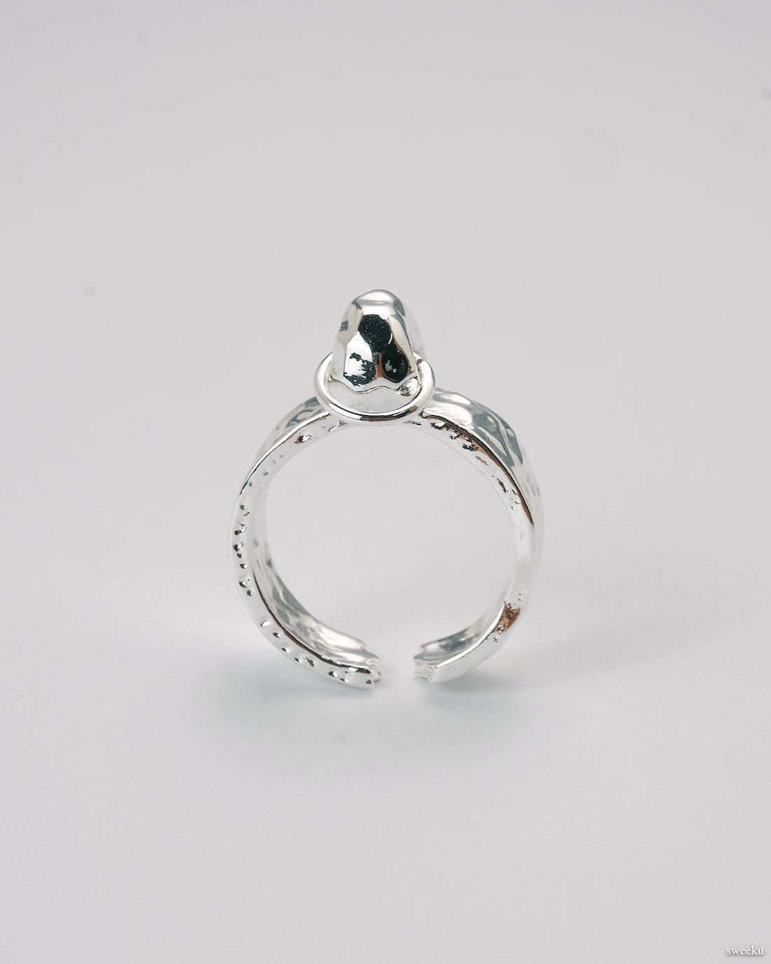 Silver plated molten loop ring worn on hand, adjustable open design